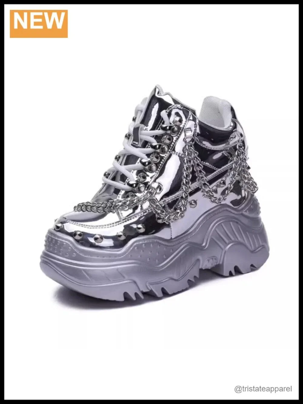 Genuine Leather Platform Sneakers Hidden Heel Chain Rivet Lace Up Women